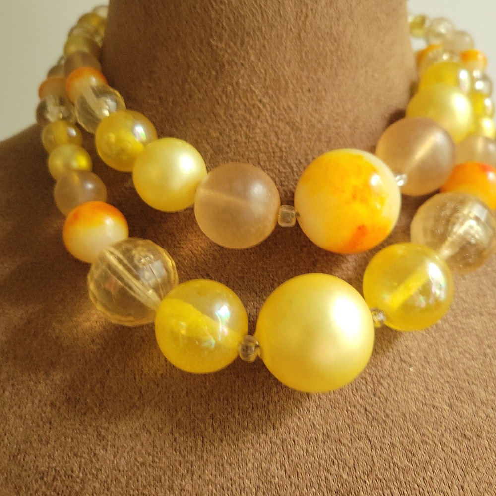 Vintage Karu Arke Yellow Orange Lucite Bead Double Strand Choker Necklace 16.5in
